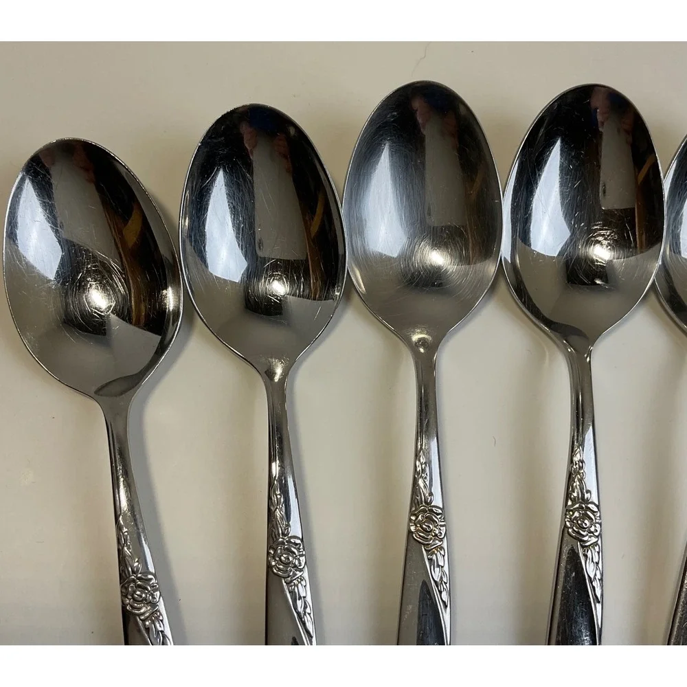 Oneida Wm A Rogers La Rose Soup Spoons Vintage Stainless Steel Set of 6 Floral